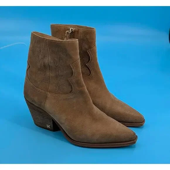 Sam Edelman Wilda Golden Caramel Stacked Block Heeled Pointed Toe Western Boots - Picture 2 of 9